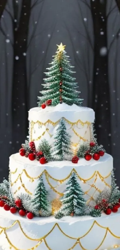 Three-tiered Christmas cake in a snowy forest scene.