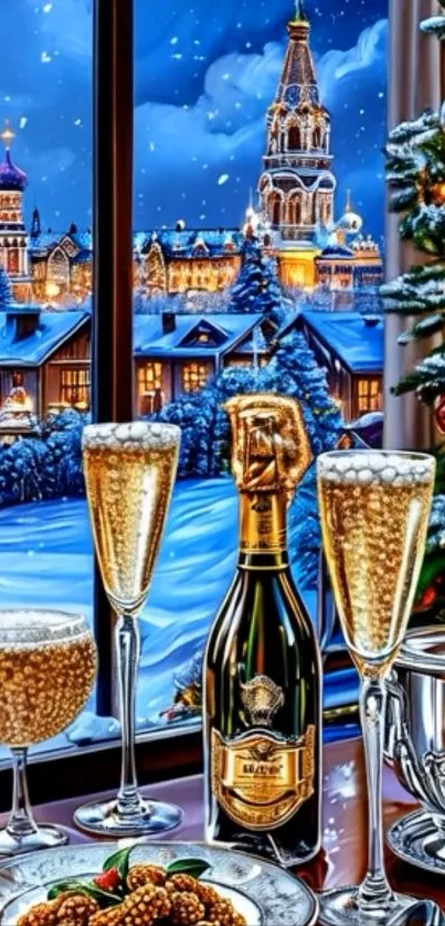 Festive scene with champagne and snowy backdrop