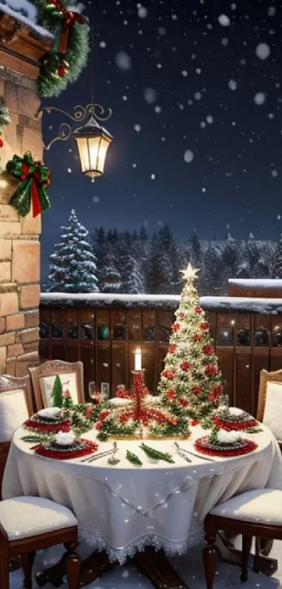 Festive dinner table in snowy winter night with Christmas decorations.