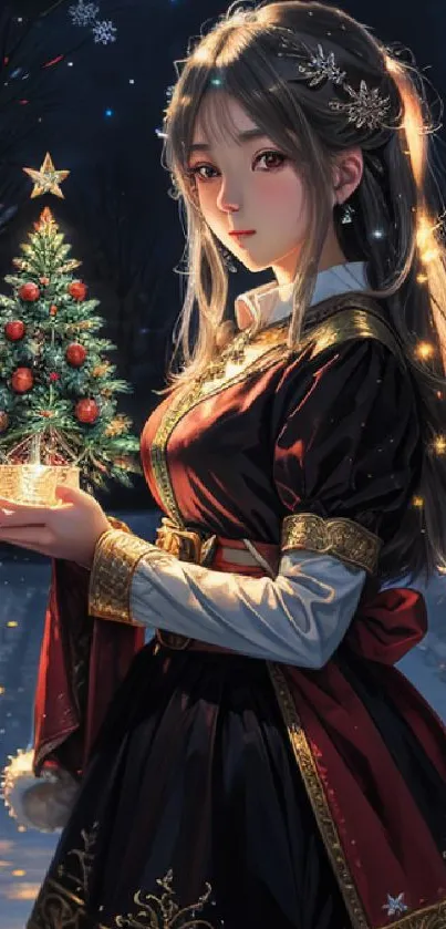 Woman holding glowing Christmas tree in festive winter setting.