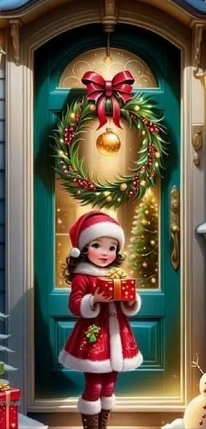 Festive Christmas door scene with child holding gift.