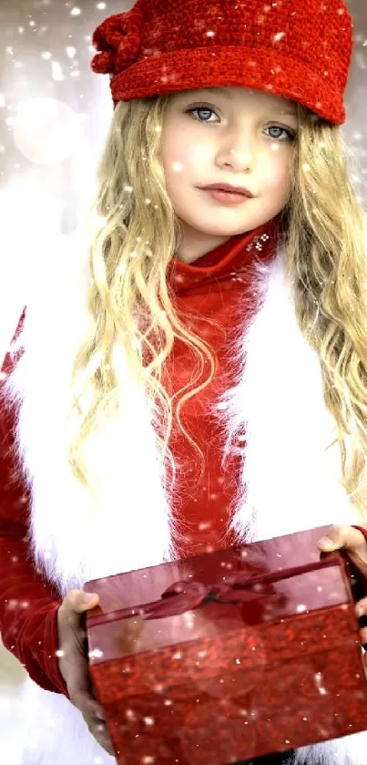 Young girl in red hat holding a gift with snowy background.