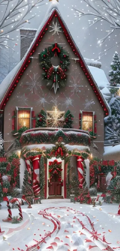 Festive holiday house in a snowy winter scene with decorations.