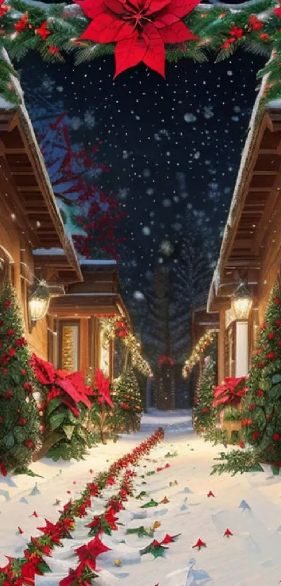 Festive winter wallpaper with snowy pathway and decorated homes.