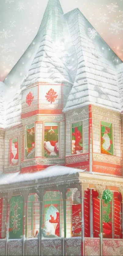 Festive snow-covered house with Christmas decor.