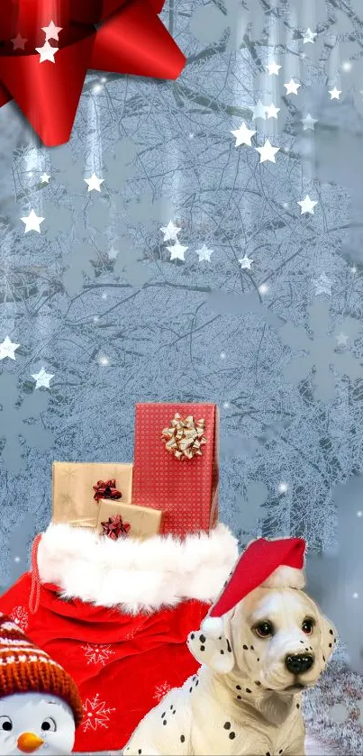 Festive winter wallpaper with dog, gifts, and snowman.