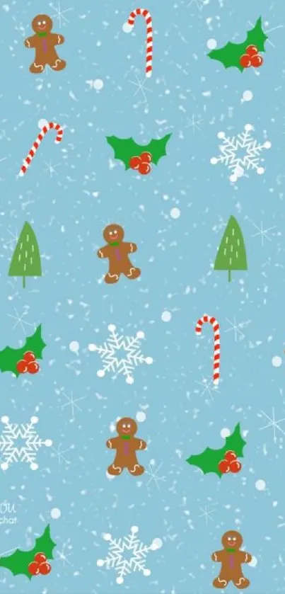 Festive holiday wallpaper with gingerbread men, candy canes, and holly on blue.