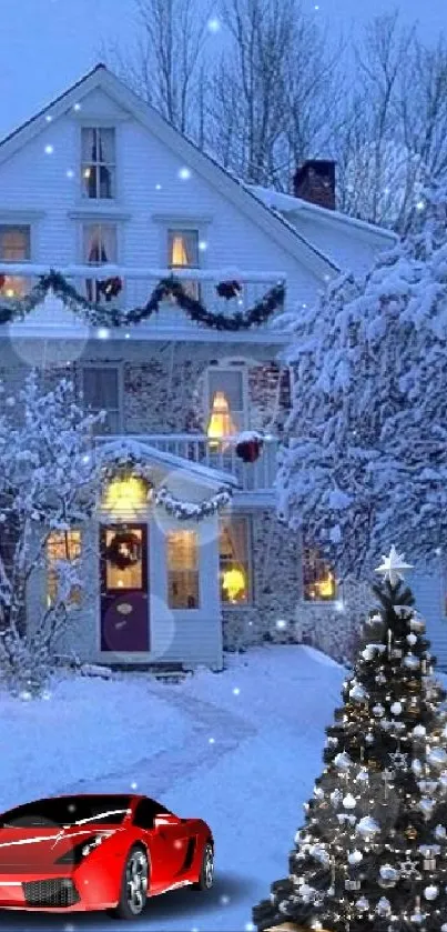 Snowy house with a Christmas tree and red car in winter.