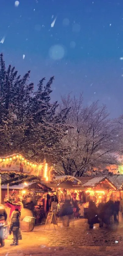 Enchanting winter market at night with festive lights and snowy trees.