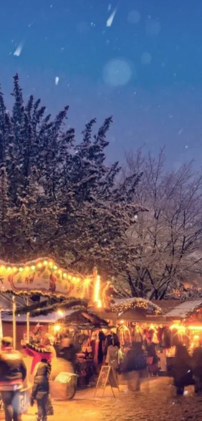 Nighttime festive winter market with lights and snow.