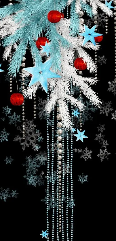 Festive winter mobile wallpaper with blue branches, red ornaments, and stars.