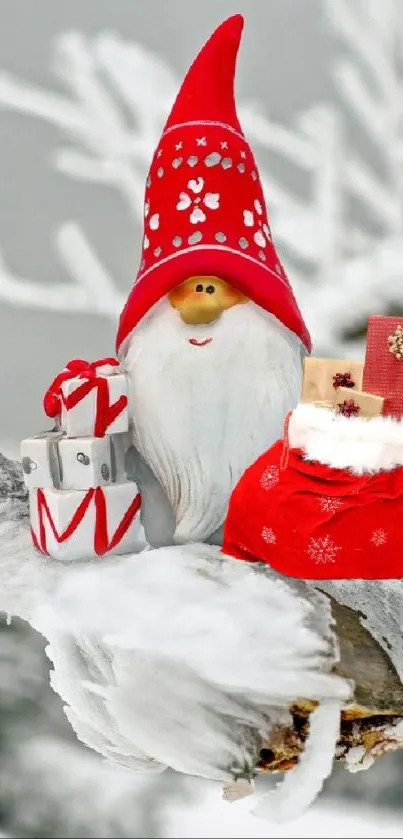 Whimsical Santa on snowy branch with gifts in winter wonderland.