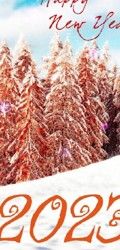 Festive winter New Year 2023 mobile wallpaper with snowy trees.