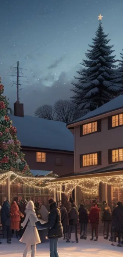 People gathered under festive lights on a snowy winter night.