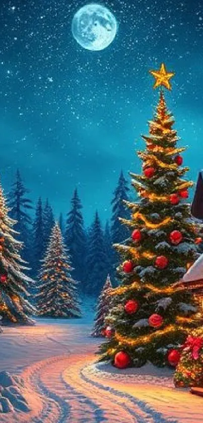 Beautiful Christmas scene with tree and moonlit sky