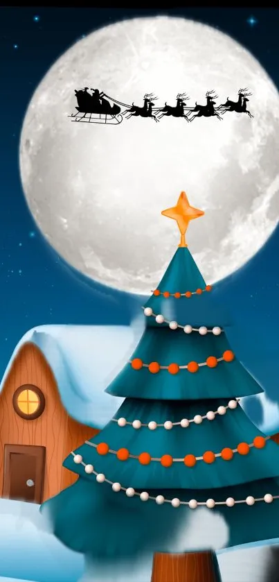 Festive Christmas scene with tree and Santa's sleigh under a full moon.