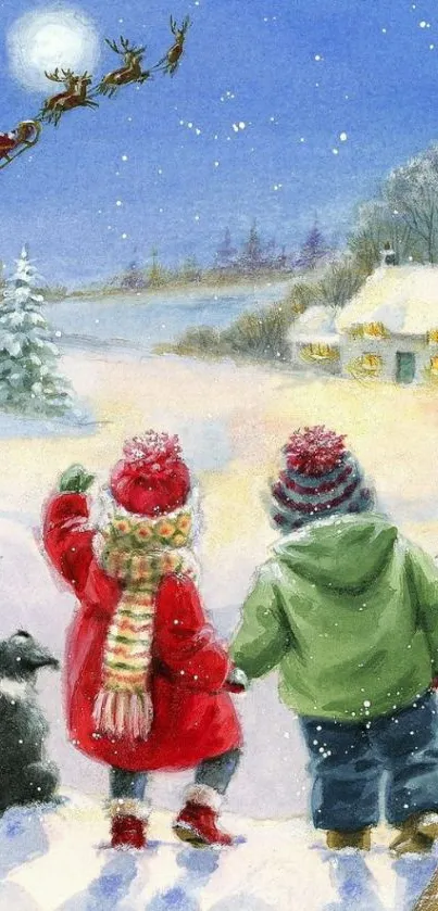 Children in winter attire watching Santa's sleigh in a snowy landscape.