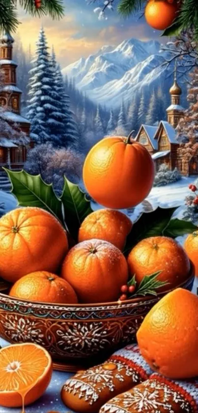 Oranges in ornate bowl with winter backdrop.