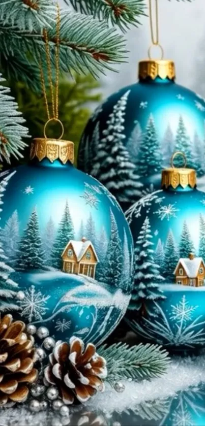 Christmas ornaments with winter scene illustration.
