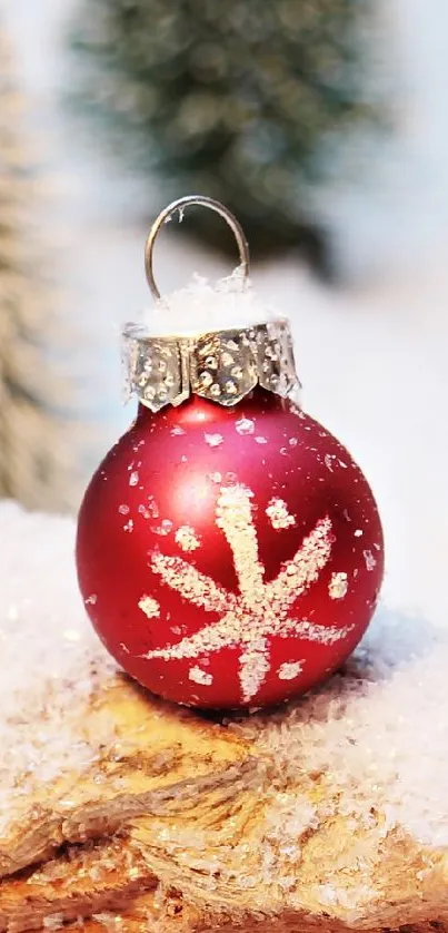 Red Christmas ornament in snowy scene with trees.