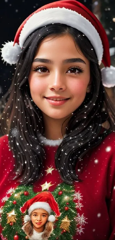 Happy girl in Santa hat with festive sweater, holiday background.