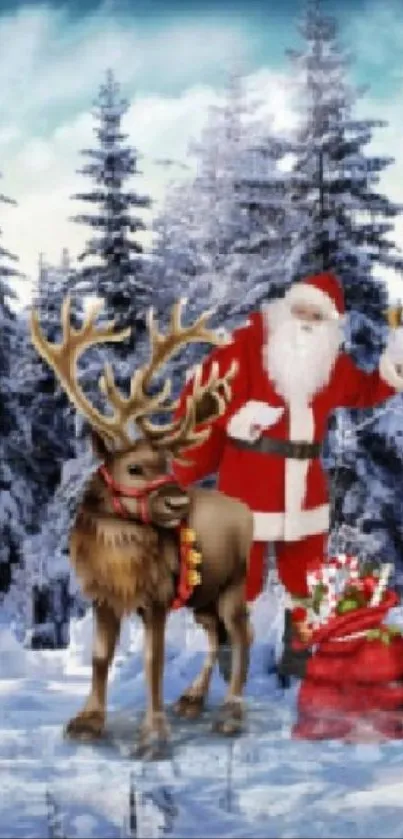 Santa with reindeer in snowy forest scene.