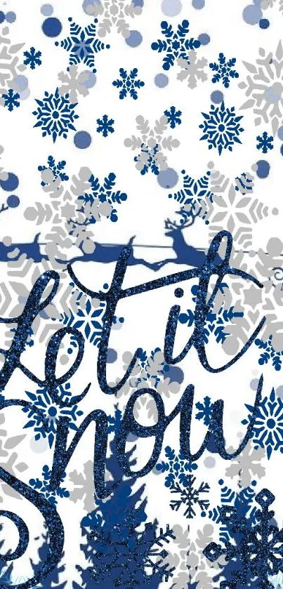 Festive blue snowflake wallpaper with 'Let it Snow' text and reindeer.