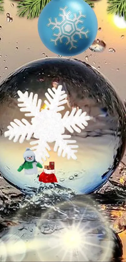 Winter snow globe with snowflake and festive decorations.