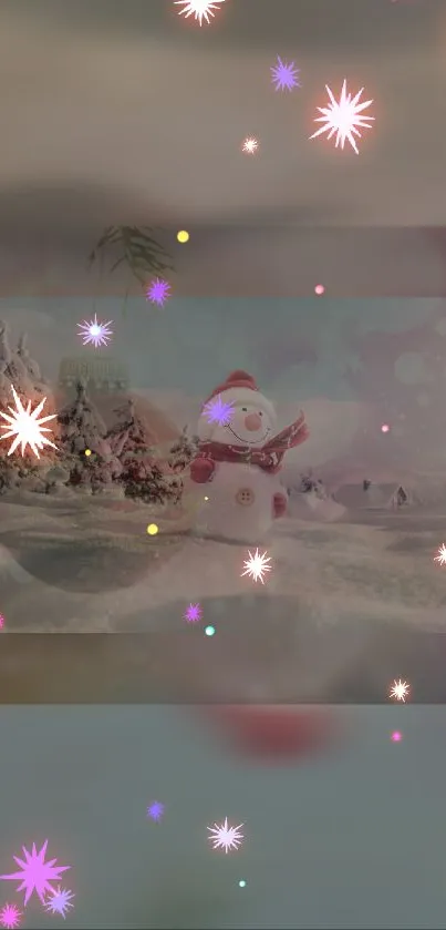 Cheerful snowman in pink starry winter landscape.