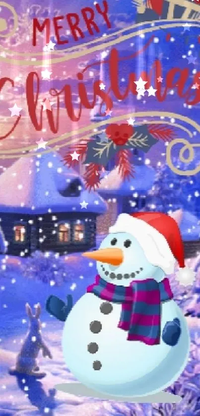 Festive snowman in a snowy Christmas village scene with houses and trees.