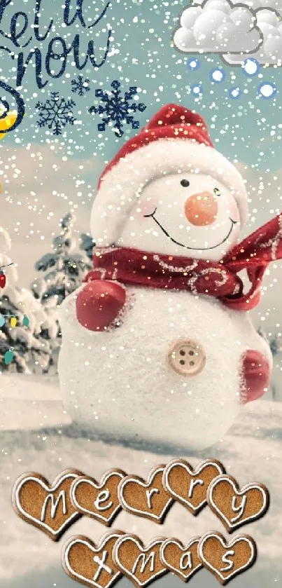 Snowman in a festive winter setting with snowy backdrop.