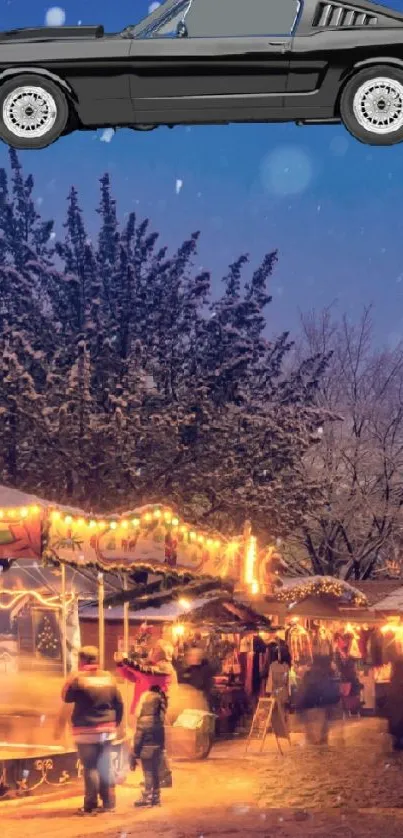 Festive Christmas market with classic car and snowy ambiance.