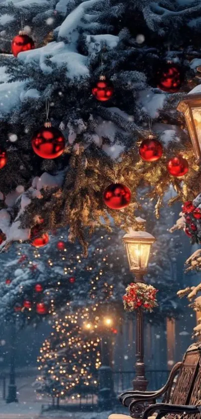 Snowy street with lamps and Christmas decor.