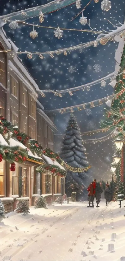 Cozy winter street with festive decor and snow-covered path, perfect for holiday spirit.