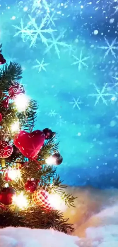 Festive Christmas tree with lights and snowflakes on a blue background.