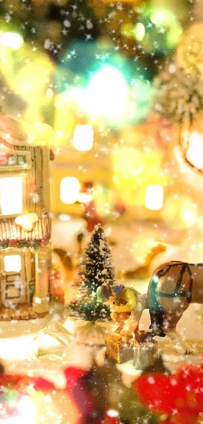 Charming snowy village scene with festive lights and decorations.
