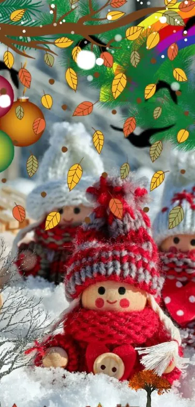 Wooden dolls in a snowy festive setting with a winter wonderland theme.