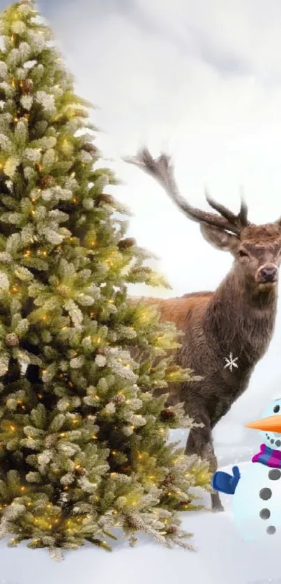 Festive wallpaper with deer, tree, and snowman in winter scene.