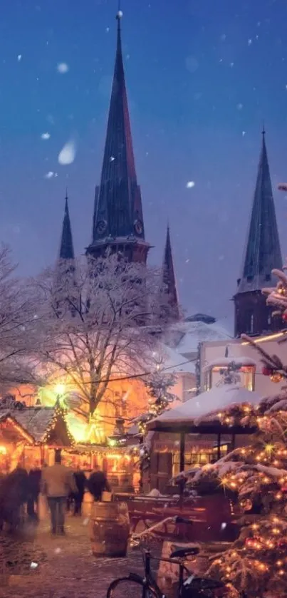 Festive winter night scene with snow and holiday lights.