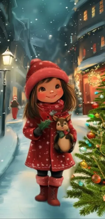 Child in red coat with Christmas tree in snowy street.