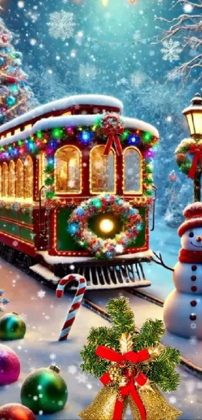 Festive Christmas tram with snowman and decorated trees in a winter scene.