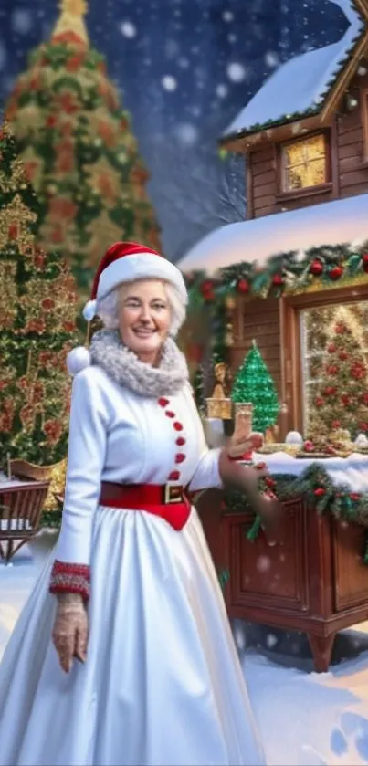 Festive scene with lady in holiday attire, snowy backdrop, and Christmas decorations.