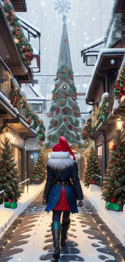 Festive street with decorated Christmas tree and snowfall.