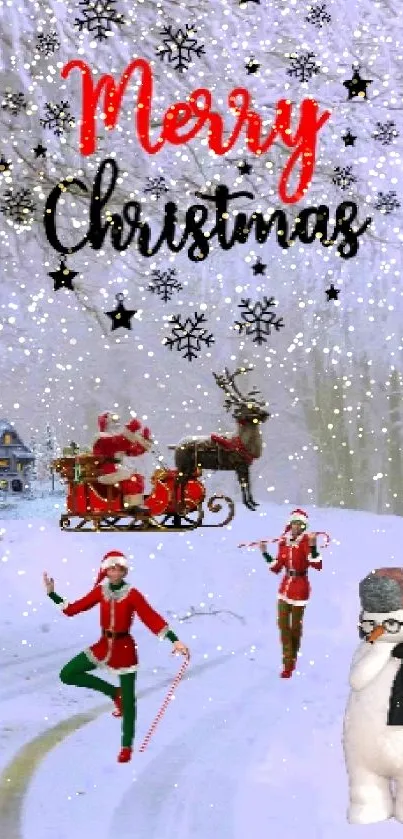 Festive Christmas scene with Santa in snowy winter landscape.