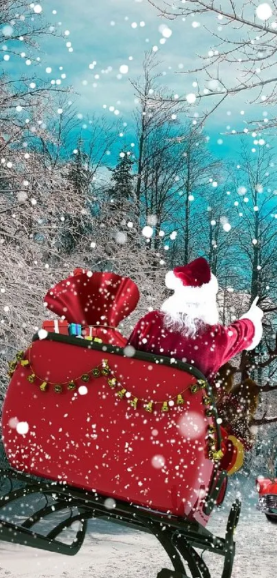 Santa's sleigh rides through a snowy forest under a bright winter sun.