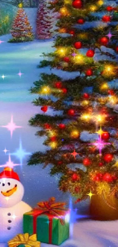 Festive snowy scene with snowman and decorated Christmas tree.