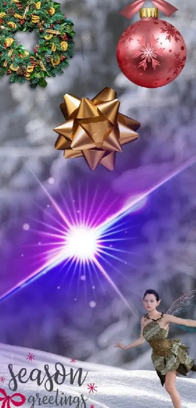 Festive holiday wallpaper with snow, decorations, and winter charm.