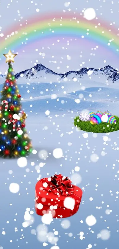 Festive winter mobile wallpaper with rainbow and Christmas tree.