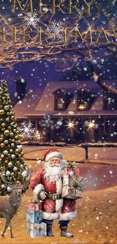 Christmas night scene with Santa and snow.