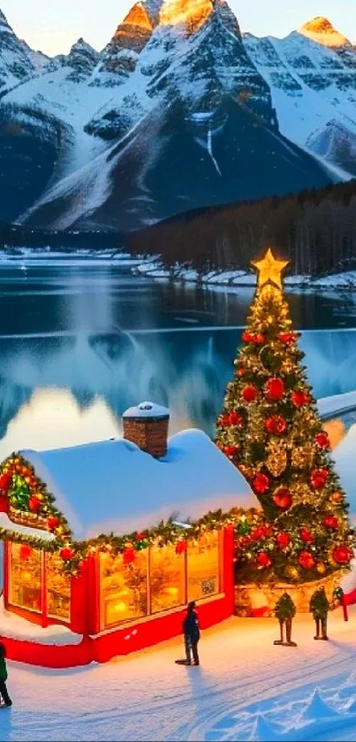 Festive winter scene with mountains and Christmas trees near a lake.